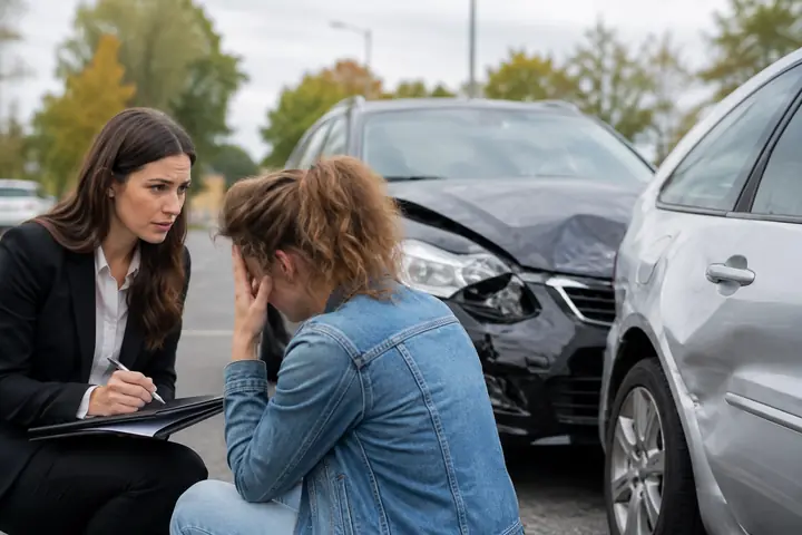 Lawyer taking notes while kneeling next to a distressed driver beside a damaged silver car