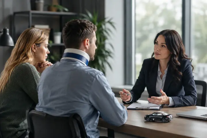 Lawyer meeting a couple in an office, the man wearing a neck brace after a collision