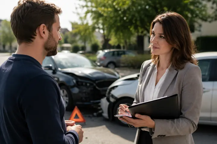 Lawyer with a clipboard talking to a driver near a warning triangle and two damaged cars