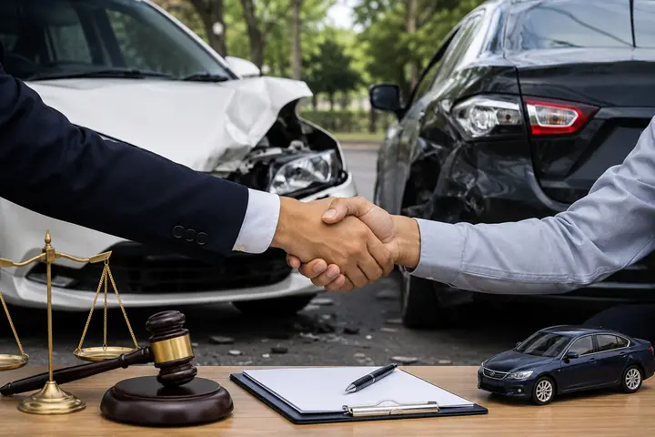Handshake over a desk with a gavel, scales and a toy car, two damaged cars behind