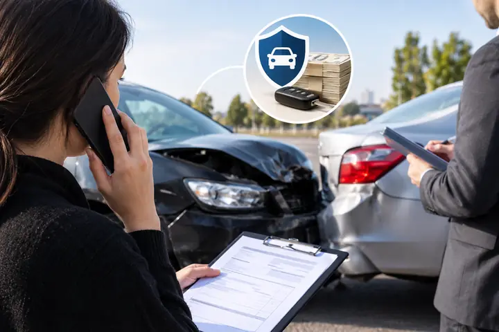 Woman on the phone filling in a claim form next to damaged cars, an insurance icon in the corner