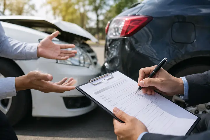 Lawyer writing on a claim form while a driver explains the damage to two cars