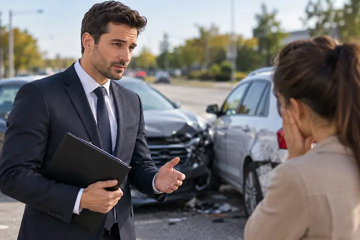 Lawyer with a folder talking to an upset woman next to two damaged cars after a crash