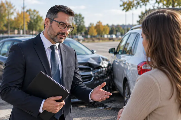 Lawyer in glasses explaining next steps to a driver beside a car with a crushed front end