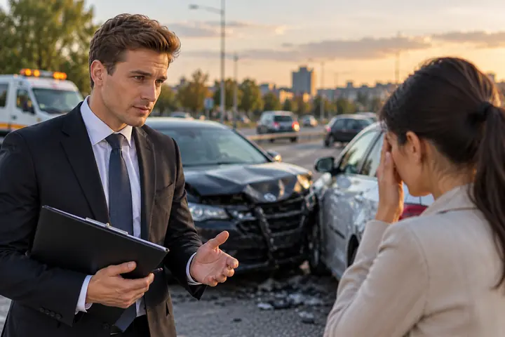 Lawyer speaking with a distressed woman at a crash scene as a tow truck waits behind