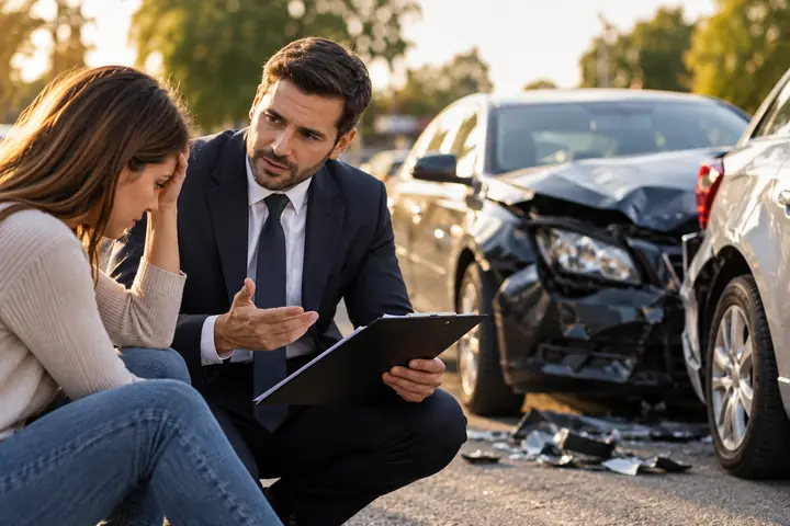 Lawyer kneeling beside a shaken driver with a clipboard next to a car with front-end damage