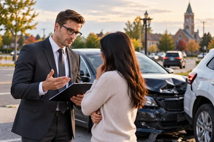 Lawyer talking with a woman beside a damaged car on a street with a church tower behind