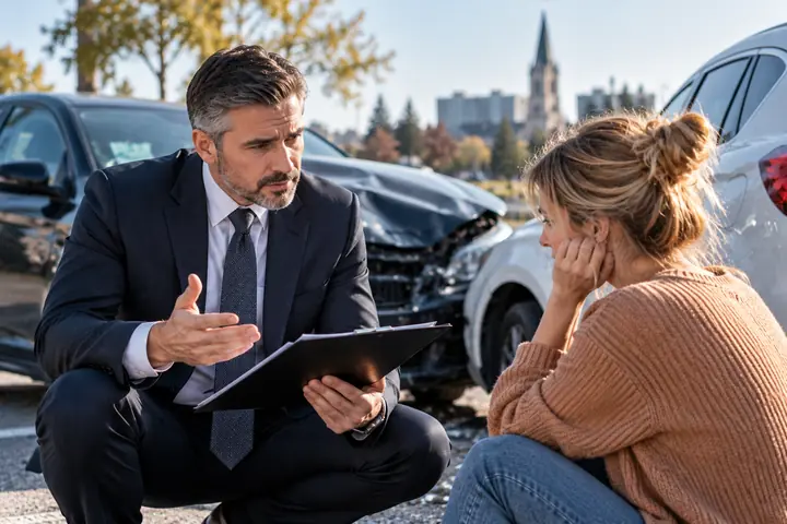 Lawyer crouching to speak with a woman sitting by a crashed car, a town skyline in the distance