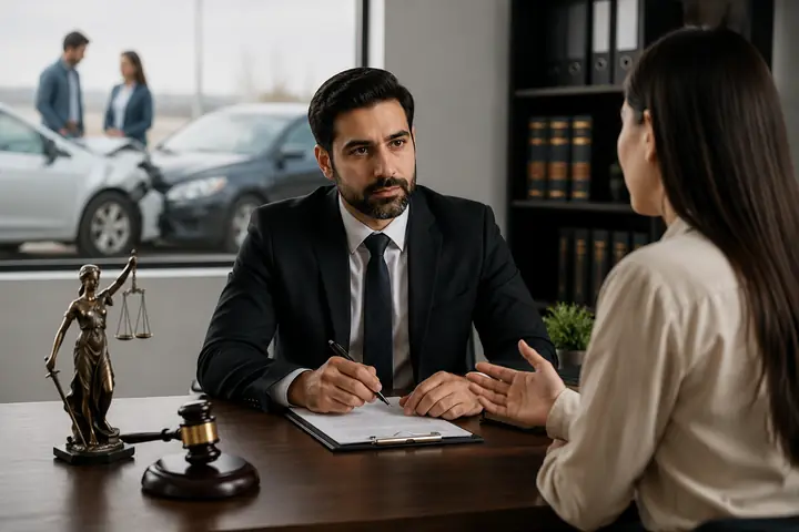 Lawyer listening to a client across a desk with a gavel and scales, crashed cars outside the window