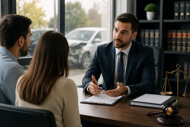 Lawyer explaining a claim to a couple across a desk, a damaged car parked outside