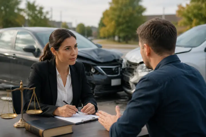 Lawyer writing notes at an outdoor table with scales of justice in front of two damaged cars