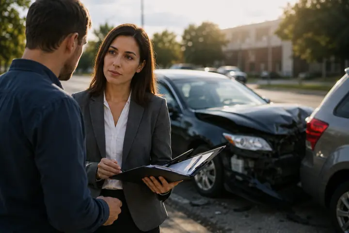 Lawyer holding a folder while talking to a man next to cars damaged in a collision