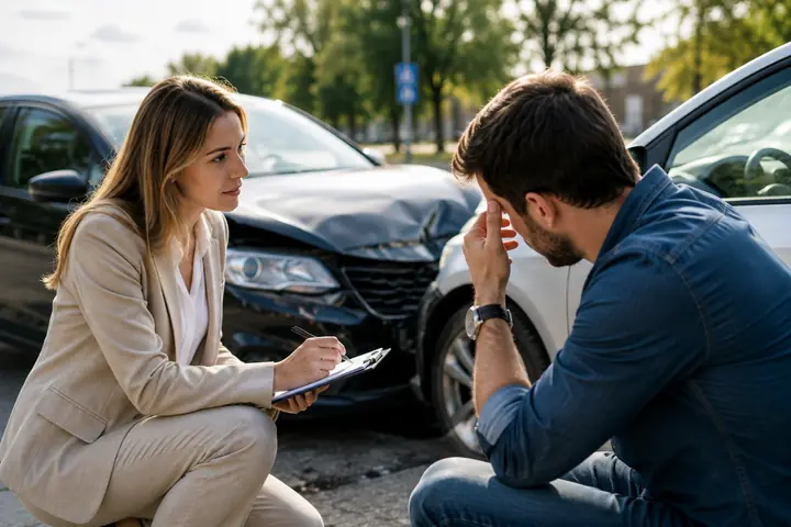 Lawyer taking notes beside a man holding his head after a car accident