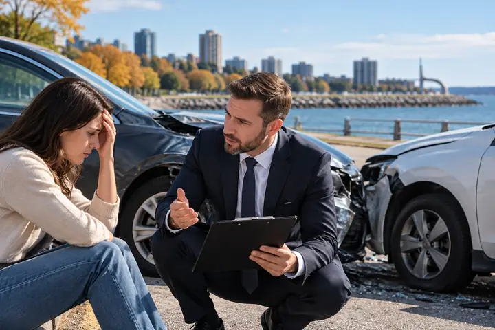 Lawyer crouching with a clipboard beside a distressed woman next to two damaged cars on a lakeside road