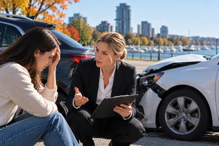 Lawyer kneeling to talk with an upset driver by a white car with a crumpled front, lakefront towers behind