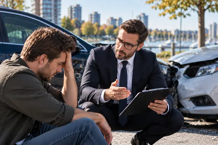 Lawyer in glasses going over a form with a man holding his head beside damaged cars near the water