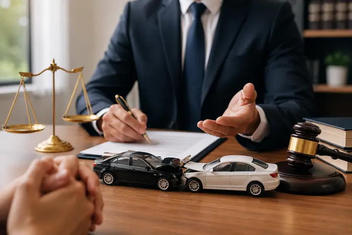 Lawyer explaining fees across a desk with scales, a gavel and two toy cars