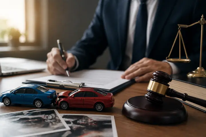 Lawyer writing at a desk with a gavel, crash photos and two collided toy cars