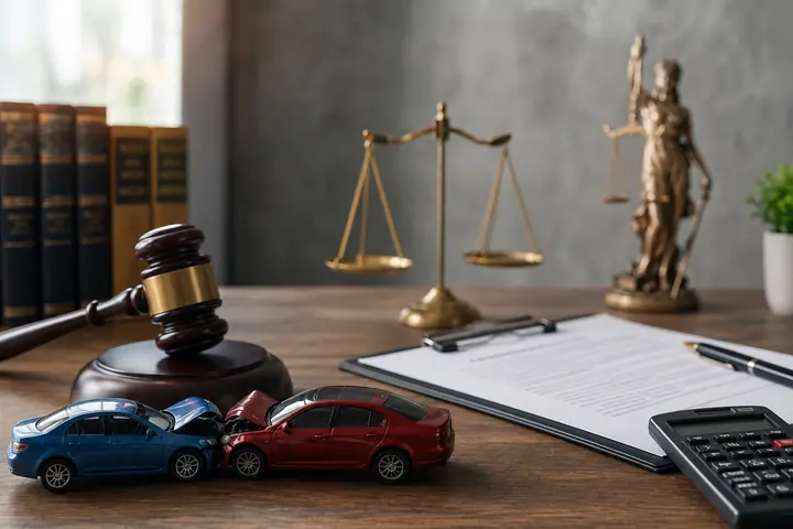 Gavel, calculator, scales and a form on a desk with two collided toy cars