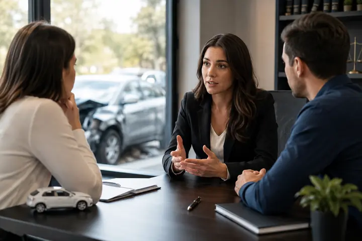 Lawyer talking with a couple across a desk, a toy car on the table and a damaged car outside