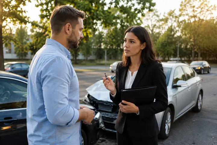 Lawyer with a folder speaking to a man beside a silver car with a damaged front