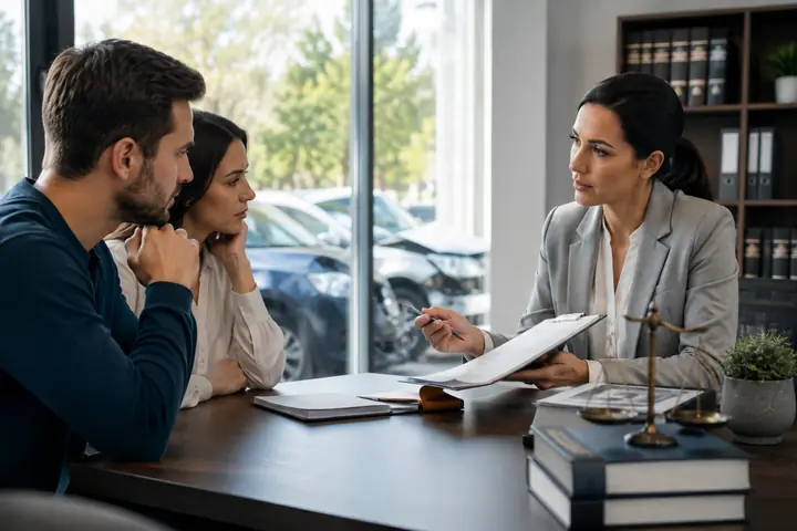 Lawyer showing a document to a worried couple at a desk with scales and law books