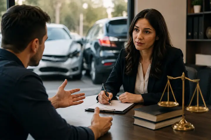 Lawyer writing notes while a client explains the crash across a desk with scales of justice