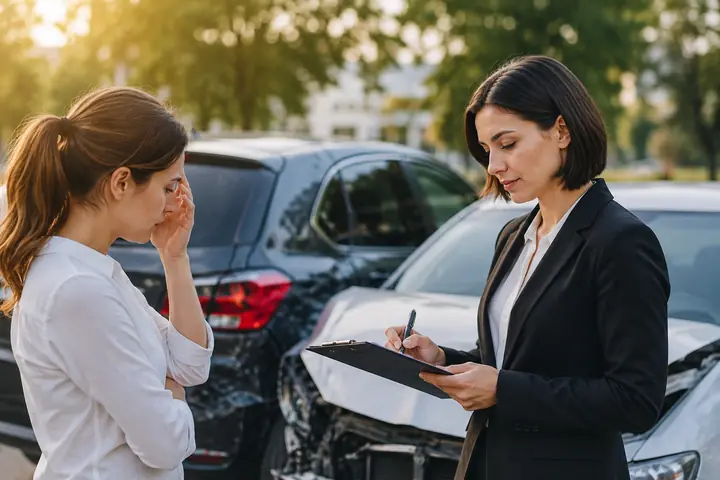 Lawyer taking notes beside a woman holding her head next to damaged cars