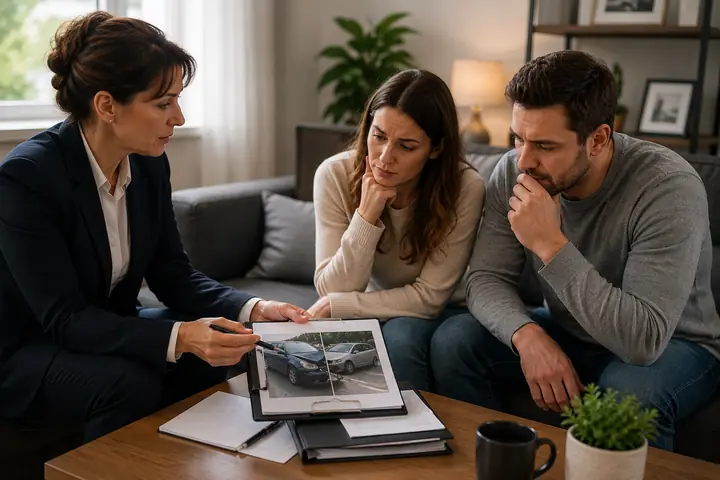 Lawyer showing a couple photos of their damaged car on a tablet in their living room