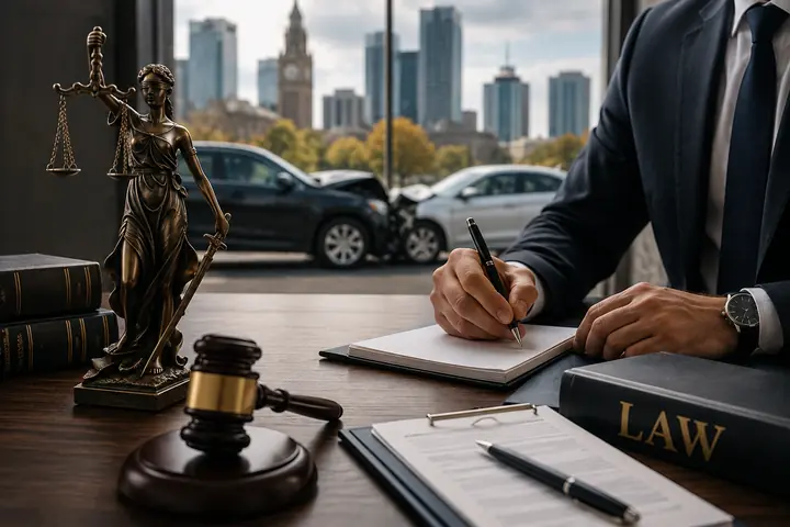 Lawyer writing at a desk with a gavel and a justice statue, a city skyline and crashed cars outside