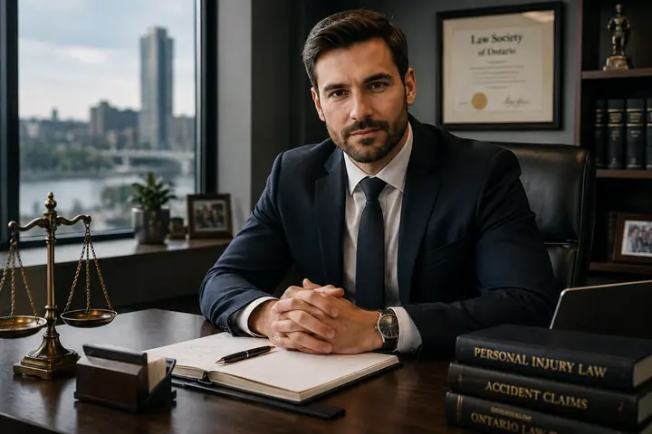 Lawyer at a desk with personal injury law books and a Law Society of Ontario certificate on the wall