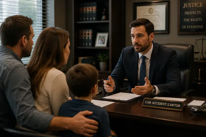 Lawyer speaking with a family with a young boy across a desk with a car accident lawyer nameplate
