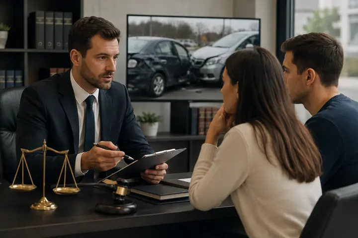 Lawyer reviewing a clipboard with a couple, a photo of two crashed cars on the screen behind him