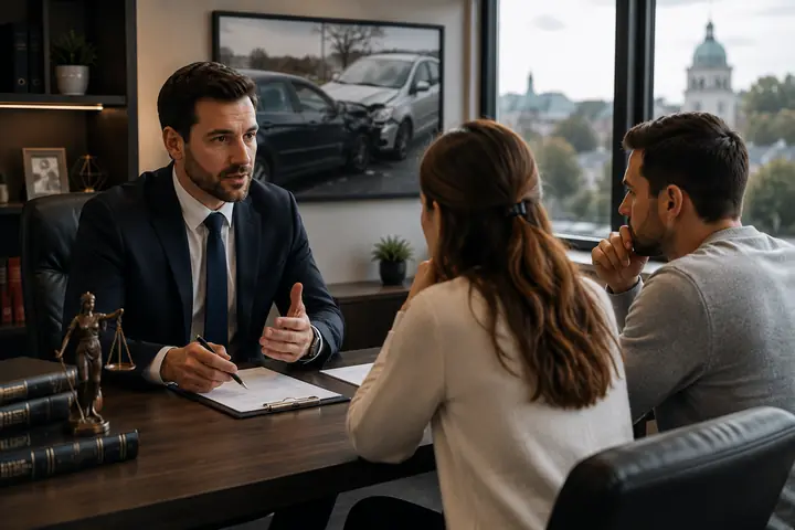 Lawyer explaining a claim to a couple in an office with a domed building visible through the window