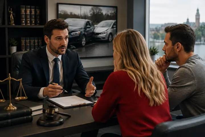 Lawyer writing notes as a couple describes their accident, crash photos on the wall screen