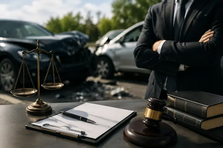 Scales of justice, a gavel and a clipboard on a table in front of two cars damaged in a collision