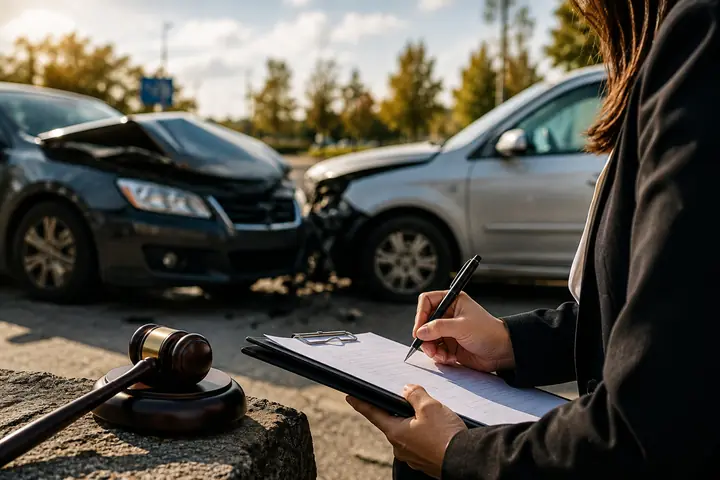 Lawyer writing on a clipboard beside a gavel, two cars with front-end damage behind