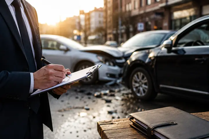 Person in a suit filling in a form on a clipboard next to two damaged cars on a city street at sunset