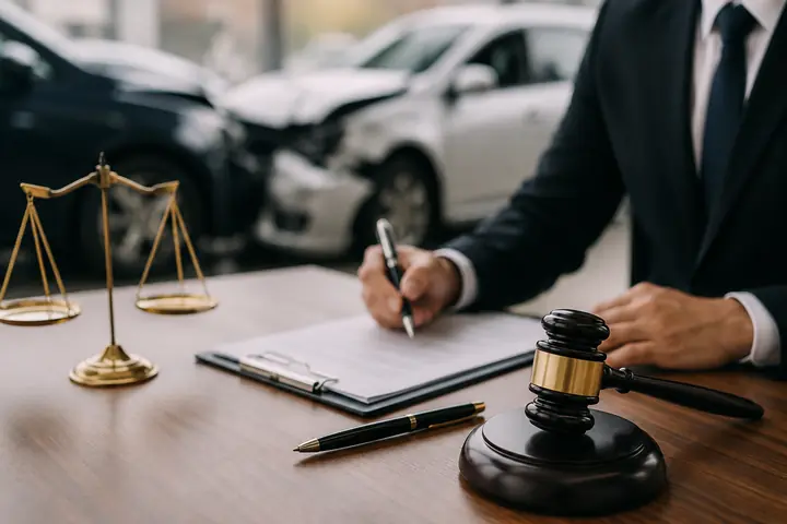 Lawyer writing notes at a desk with scales and a gavel, two crashed cars in the background