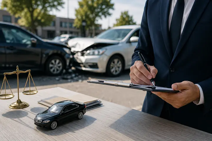 Lawyer filling in a form beside scales and a toy car, two damaged cars behind
