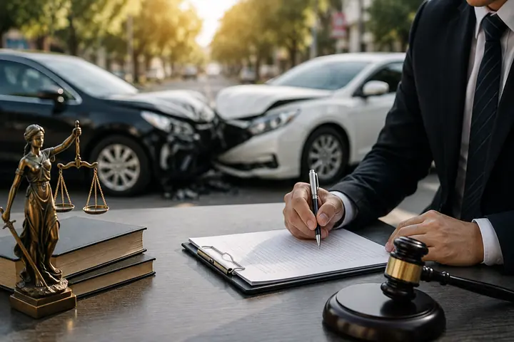 Lawyer writing at a desk with a justice statue and a gavel in front of two damaged cars