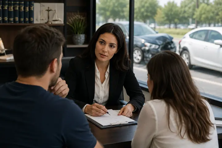 Lawyer meeting a couple at a desk by a window, cars damaged in a collision outside