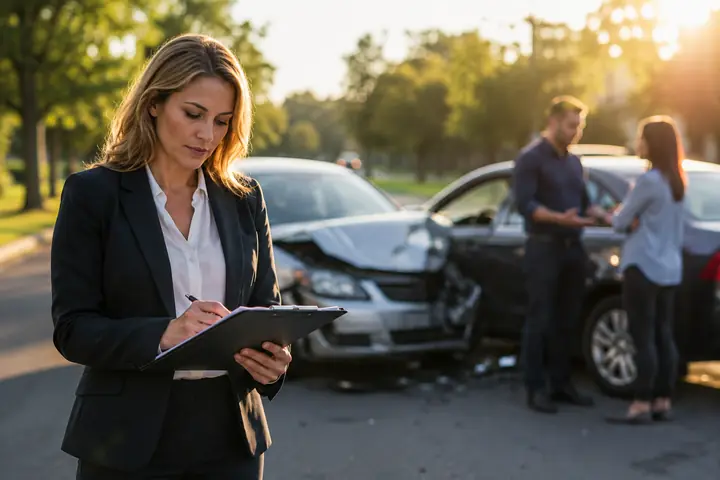 Lawyer reviewing notes on a clipboard while two drivers talk beside their damaged cars