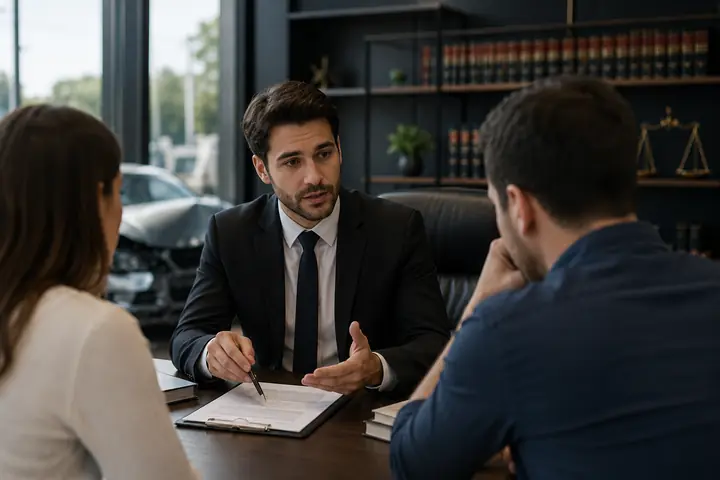 Lawyer explaining a claim to a couple across a desk in an office with law books