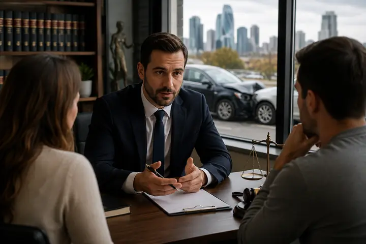 Lawyer taking notes while meeting a couple, glass towers and a damaged car outside the window