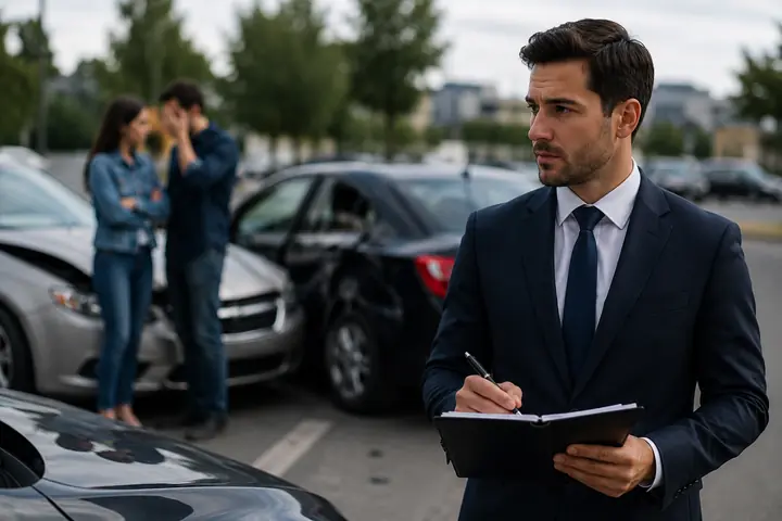 Lawyer writing in a notebook while a couple stands by two damaged cars in a parking lot