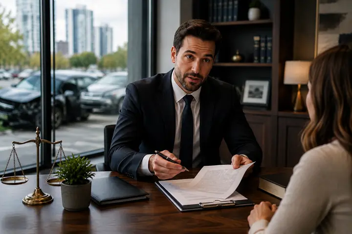 Lawyer handing a document across a desk with scales, damaged cars parked outside