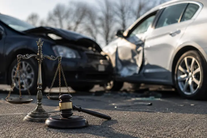 Scales of justice and a gavel on the pavement beside two cars with crushed fronts