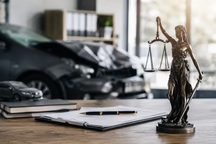 Justice statue and a clipboard on a desk with a damaged car seen through the window