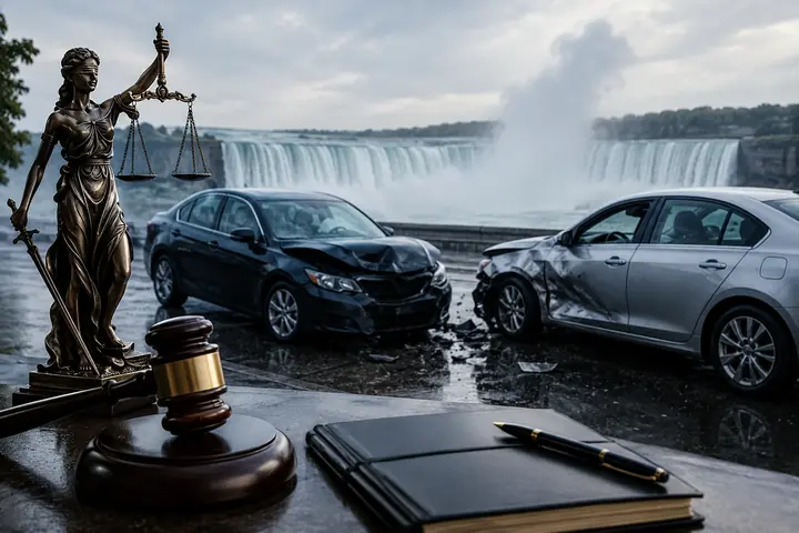 Justice statue and a gavel on a desk beside two crashed cars near Niagara Falls